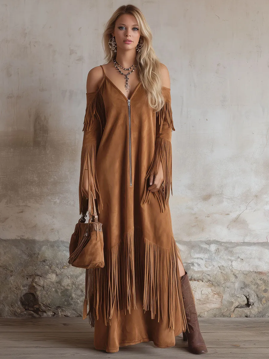 Western Style V-neck Zip-up Off-the-shoulder Fringe Long-sleeved Maxi Dress sold by Oyrosy product image thumbnail 4