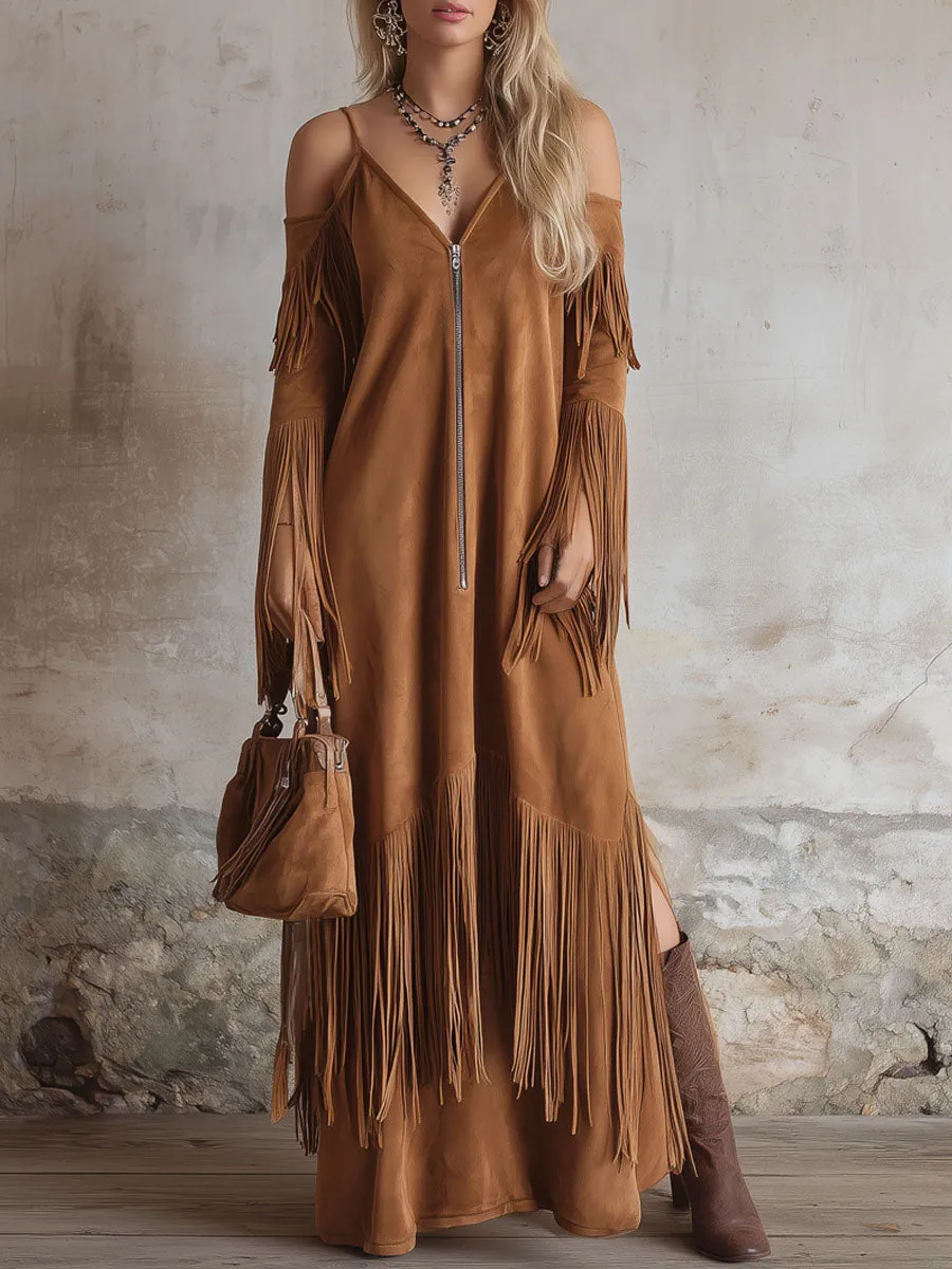 Western Style V-neck Zip-up Off-the-shoulder Fringe Long-sleeved Maxi Dress sold by Oyrosy