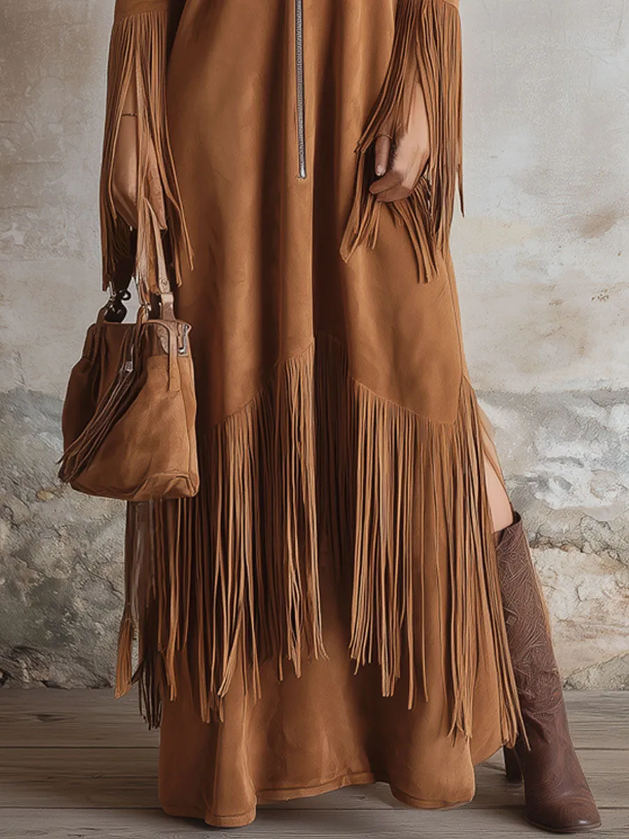 Western Style V-neck Zip-up Off-the-shoulder Fringe Long-sleeved Maxi Dress sold by Oyrosy product image thumbnail 3