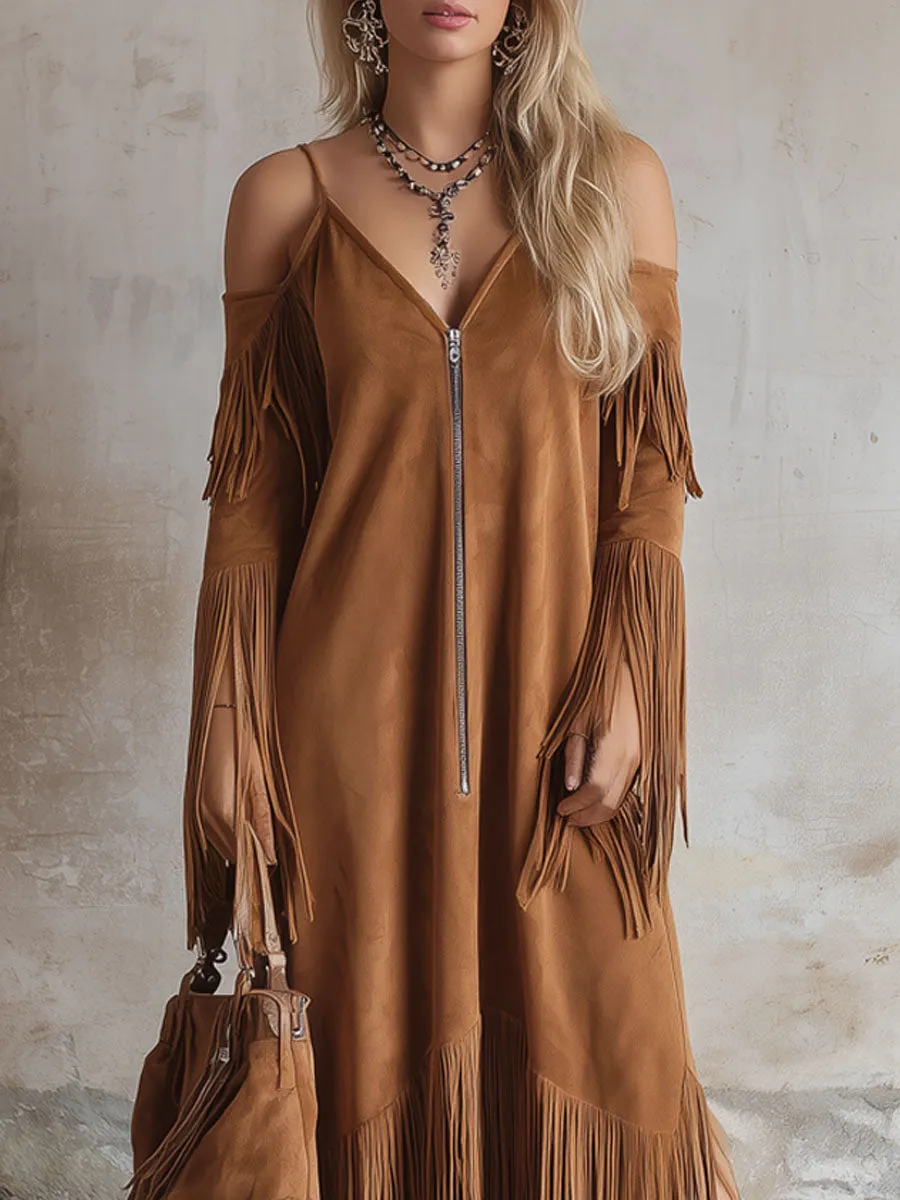 Western Style V-neck Zip-up Off-the-shoulder Fringe Long-sleeved Maxi Dress sold by Oyrosy product image thumbnail 2