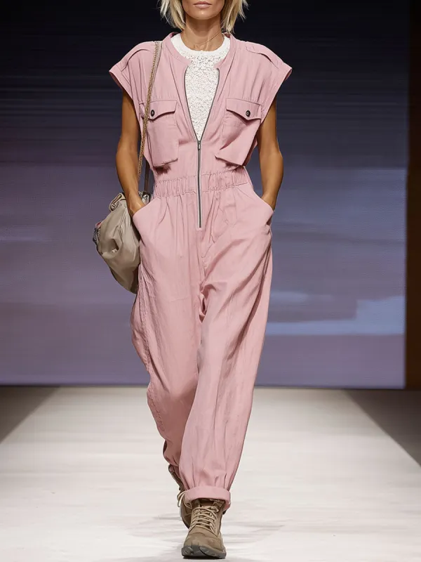 Pink Round-neck Zippered Multi-pocket Cotton And Linen Sleeveless Jumpsuit made by Oyrosy
