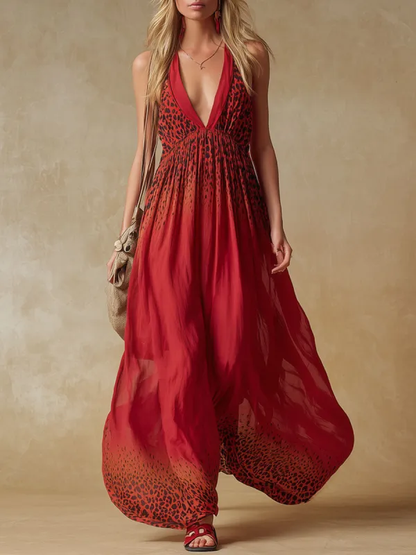 Gradient Leopard Print V-neck Chiffon Sleeveless Maxi Dress sold by Oyrosy