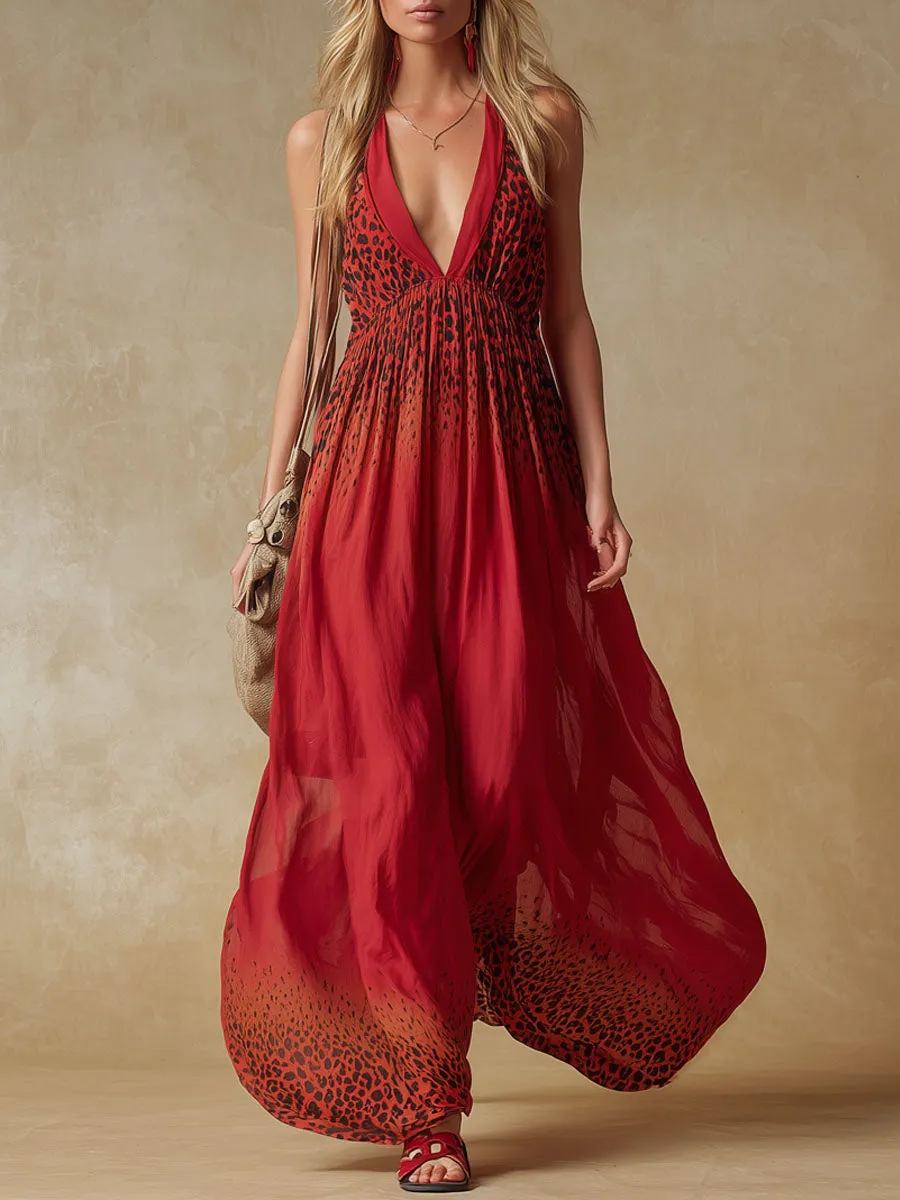 Gradient Leopard Print V-neck Chiffon Sleeveless Maxi Dress sold by Oyrosy