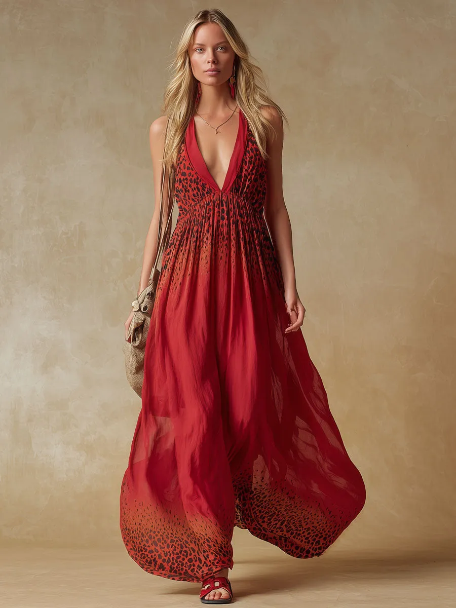 Gradient Leopard Print V-neck Chiffon Sleeveless Maxi Dress sold by Oyrosy product image thumbnail 4