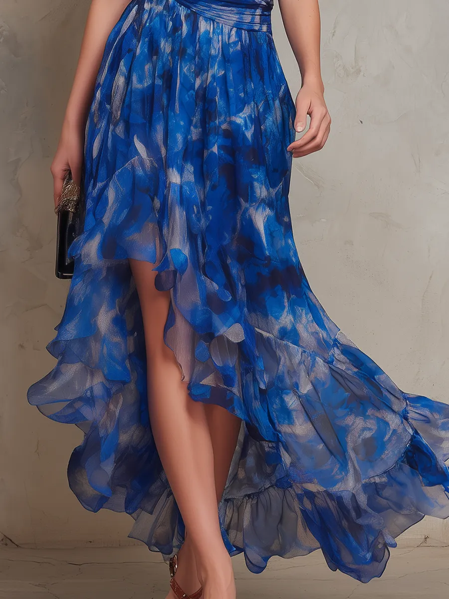 Fashionable And Romantic One-shoulder Short-sleeved Printed Chiffon Maxi Dress sold by Oyrosy product image thumbnail 4