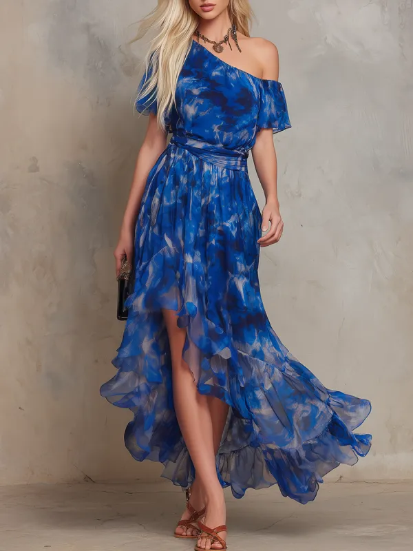 Fashionable And Romantic One-shoulder Short-sleeved Printed Chiffon Maxi Dress made by Oyrosy