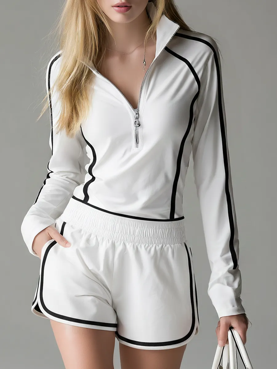 Sporty Casual Collared Zip-up Long-sleeved And Shorts Set sold by Oyrosy