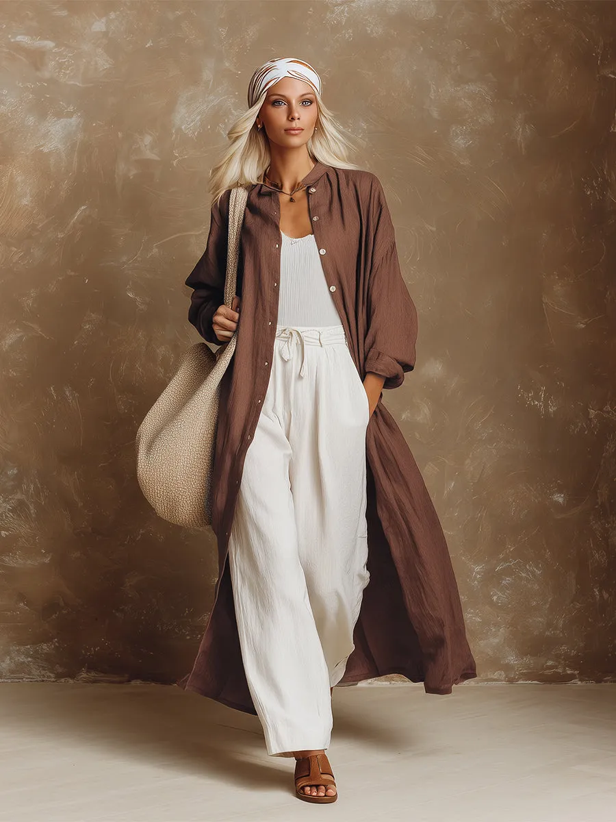 Stylish And Casual Brown Cotton And Linen Shirt-style Long Cardigan sold by Oyrosy product image thumbnail 2