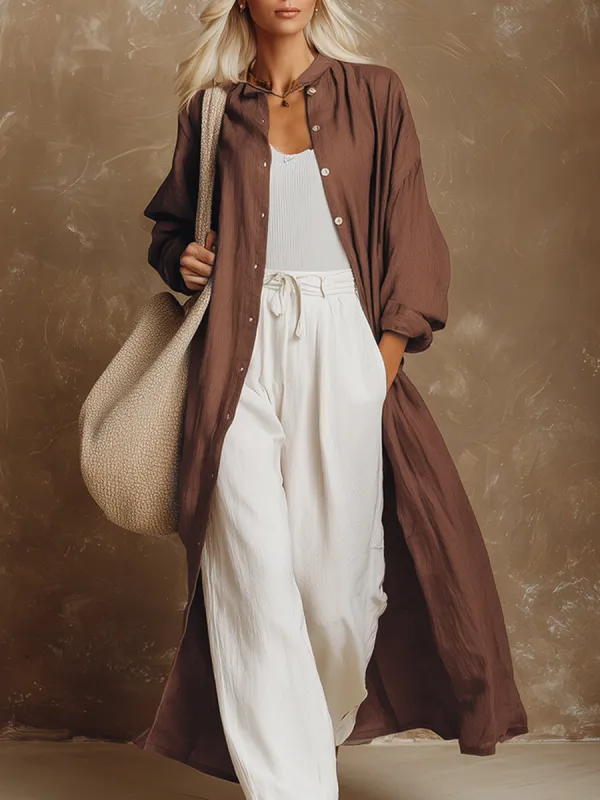 Stylish And Casual Brown Cotton And Linen Shirt-style Long Cardigan sold by Oyrosy