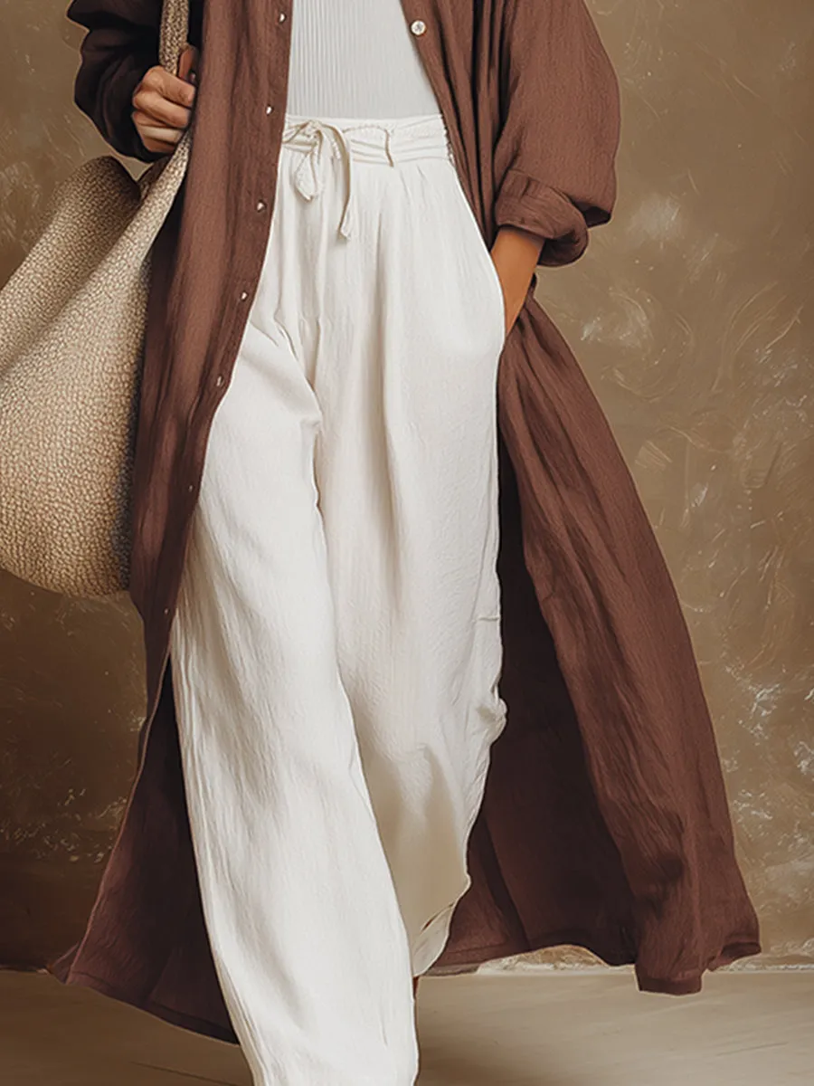 Stylish And Casual Brown Cotton And Linen Shirt-style Long Cardigan sold by Oyrosy product image thumbnail 4