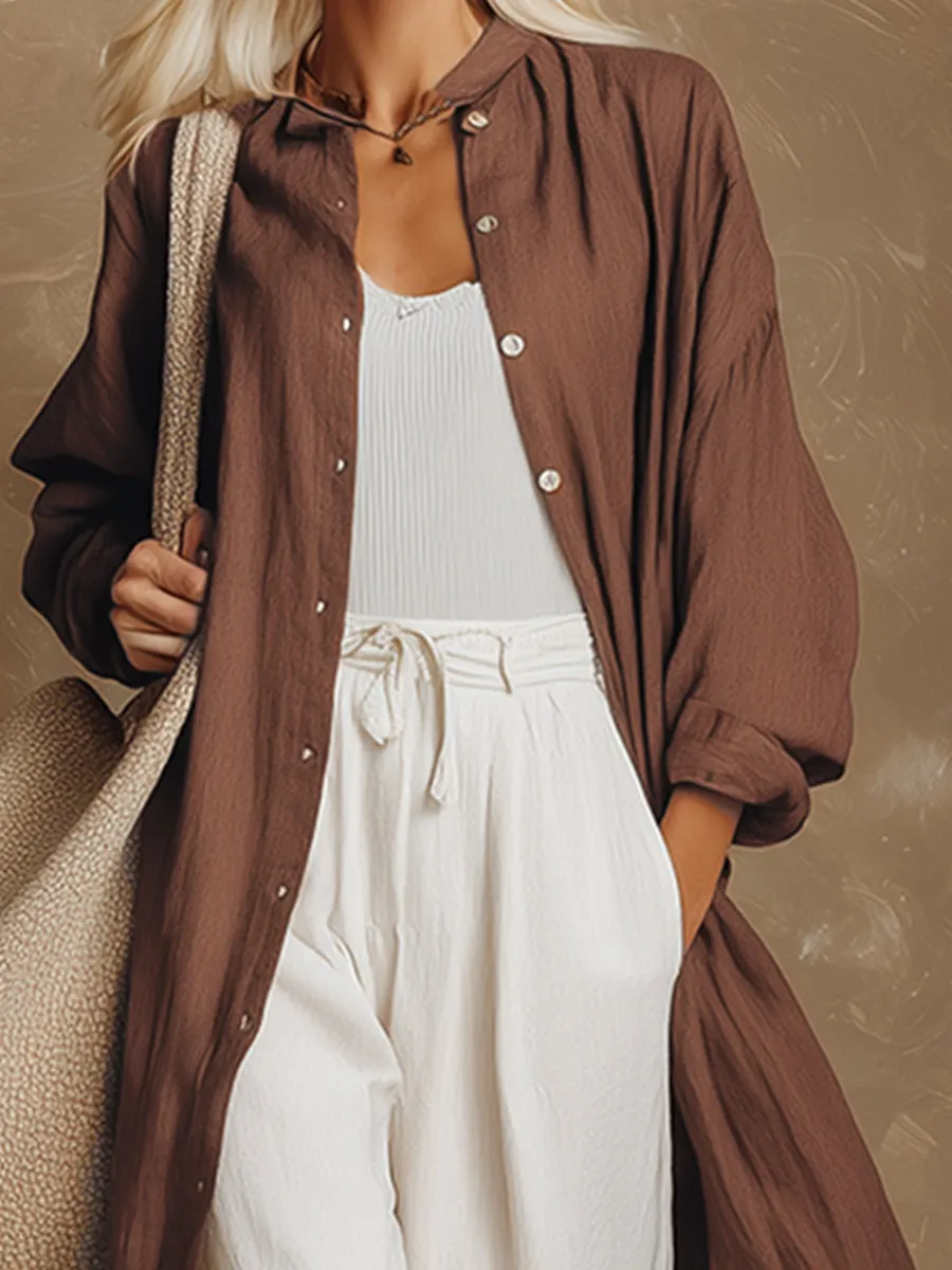 Stylish And Casual Brown Cotton And Linen Shirt-style Long Cardigan sold by Oyrosy product image thumbnail 3
