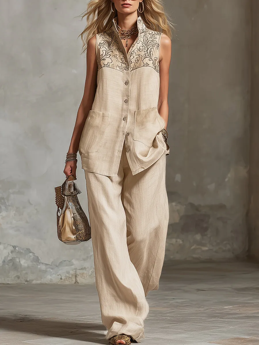 Elegant And High-end Embroidered Cotton And Linen Sleeveless Shirt And Wide-leg Pants Set sold by Oyrosy