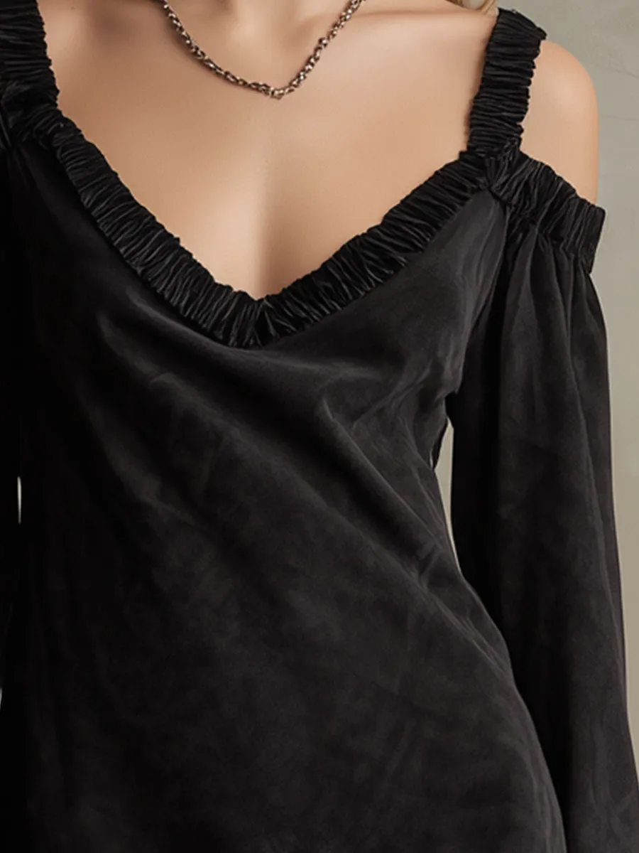 Western Retro Black Long-Sleeved Off-Shoulder Faux Suede Mini Dress sold by Oyrosy product image thumbnail 3