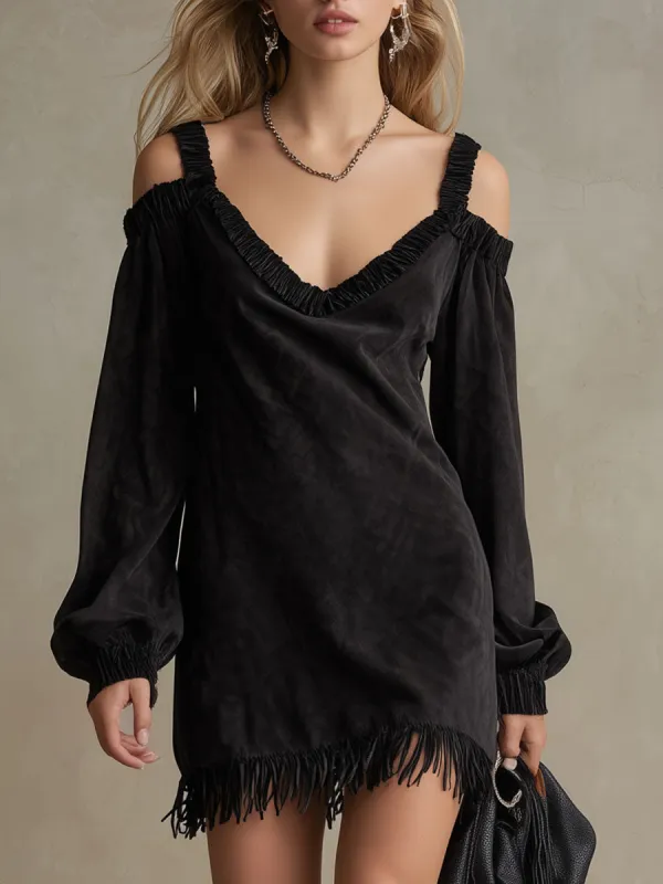 Western Retro Black Long-Sleeved Off-Shoulder Faux Suede Mini Dress sold by Oyrosy
