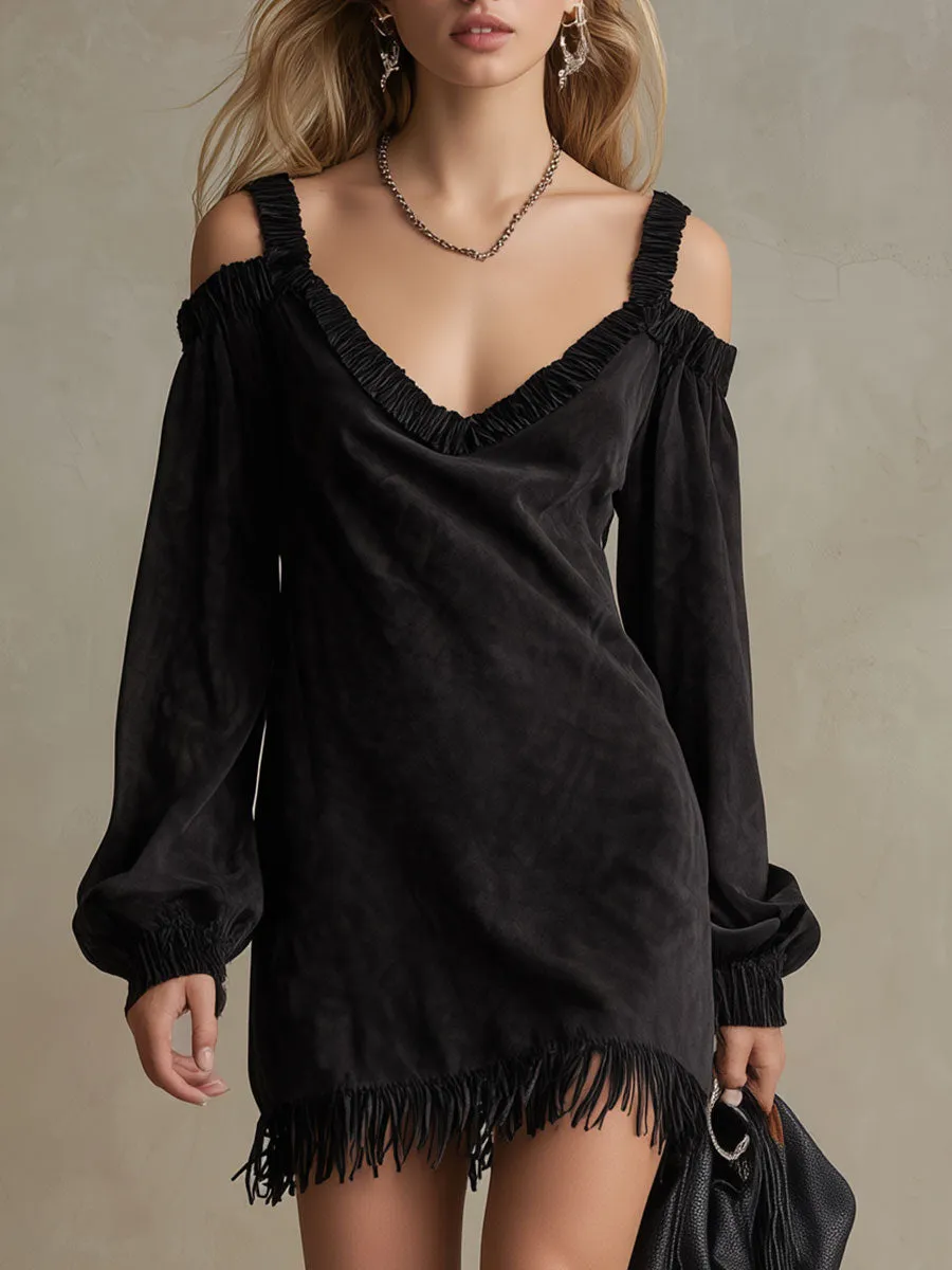 Western Retro Black Long-Sleeved Off-Shoulder Faux Suede Mini Dress sold by Oyrosy