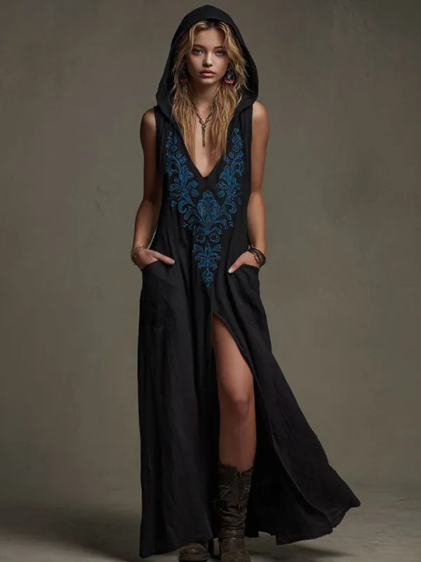 Western-style Retro Embroidered Black Sleeveless Hooded Cotton-linen Maxi Dress sold by Oyrosy
