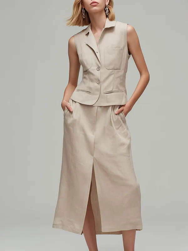 Stylish And Casual Beige Cotton Linen Sleeveless Top And Skirt Set made by Oyrosy