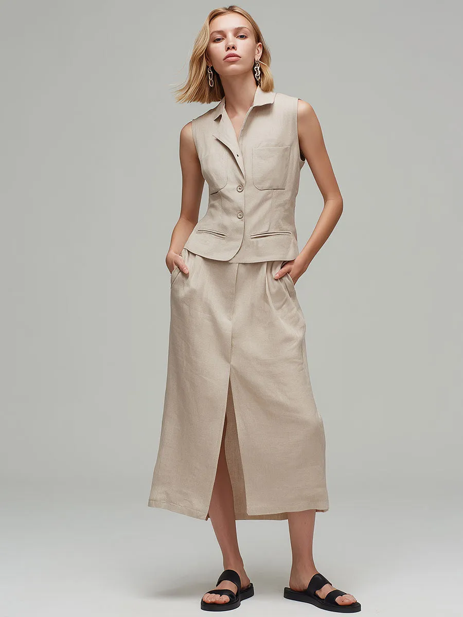 Stylish And Casual Beige Cotton Linen Sleeveless Top And Skirt Set sold by Oyrosy product image thumbnail 2