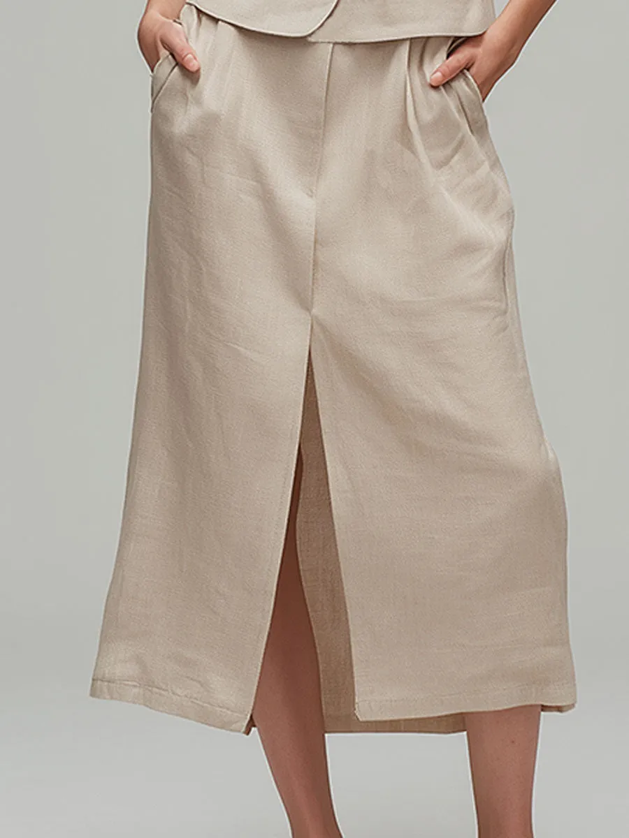 Stylish And Casual Beige Cotton Linen Sleeveless Top And Skirt Set sold by Oyrosy product image thumbnail 4
