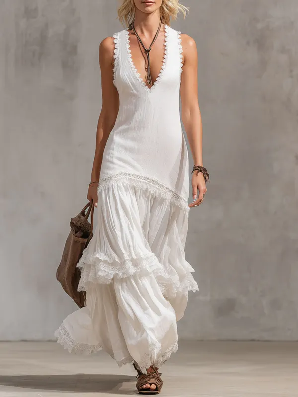 V-neck Lace Trim Cotton And Linen Sleeveless Maxi Dress made by Oyrosy