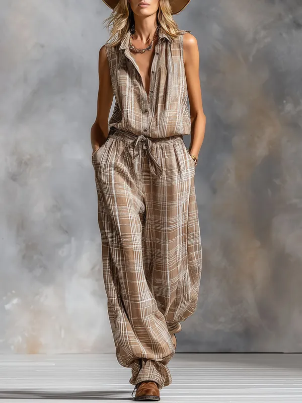 Lapel Collar Plaid Print Chiffon Sleeveless Jumpsuit made by Oyrosy