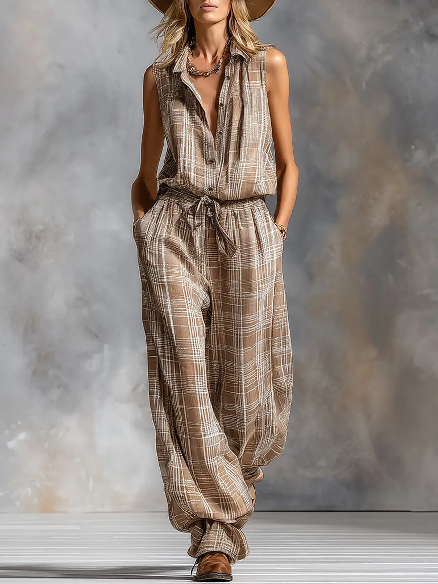 Lapel Collar Plaid Print Chiffon Sleeveless Jumpsuit sold by Oyrosy