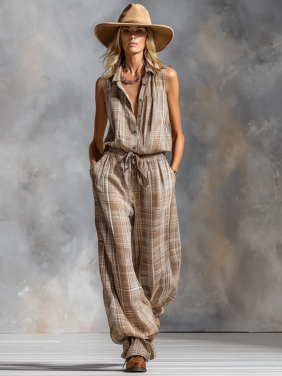 Lapel Collar Plaid Print Chiffon Sleeveless Jumpsuit sold by Oyrosy product image thumbnail 4