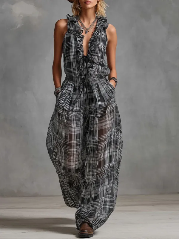 Ruffled V-neck Tie-waist Checkered Print Chiffon Sleeveless Jumpsuit sold by Oyrosy