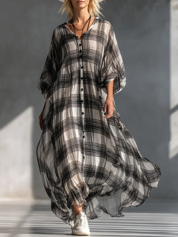 V-neck Button-down Plaid Print Chiffon Short-sleeved Maxi Dress made by Oyrosy