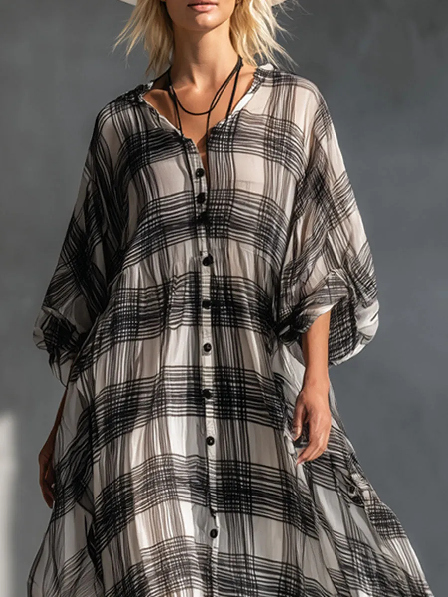 V-neck Button-down Plaid Print Chiffon Short-sleeved Maxi Dress sold by Oyrosy product image thumbnail 2