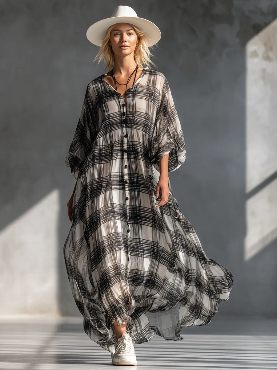 V-neck Button-down Plaid Print Chiffon Short-sleeved Maxi Dress sold by Oyrosy product image thumbnail 4
