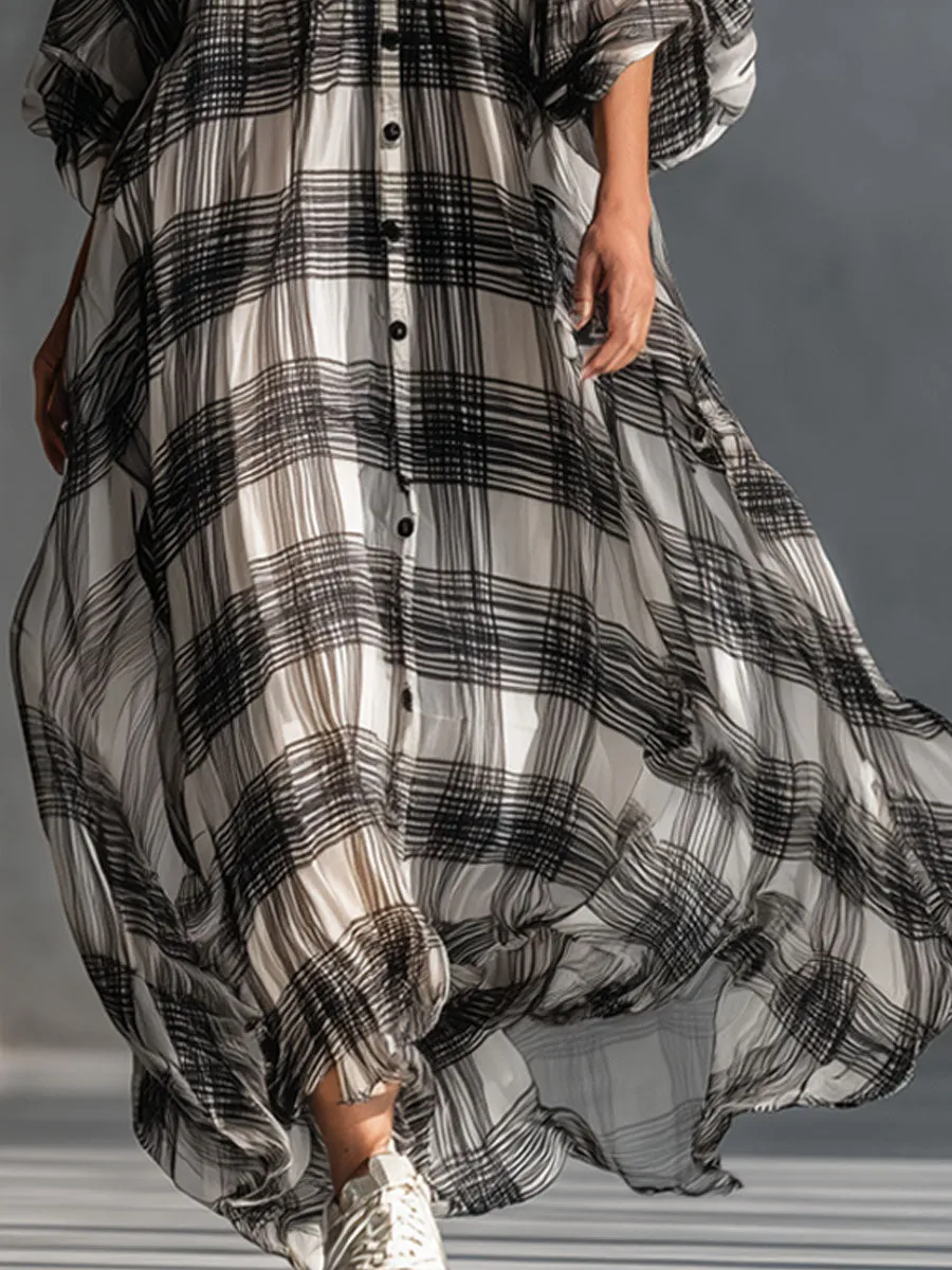 V-neck Button-down Plaid Print Chiffon Short-sleeved Maxi Dress sold by Oyrosy product image thumbnail 3