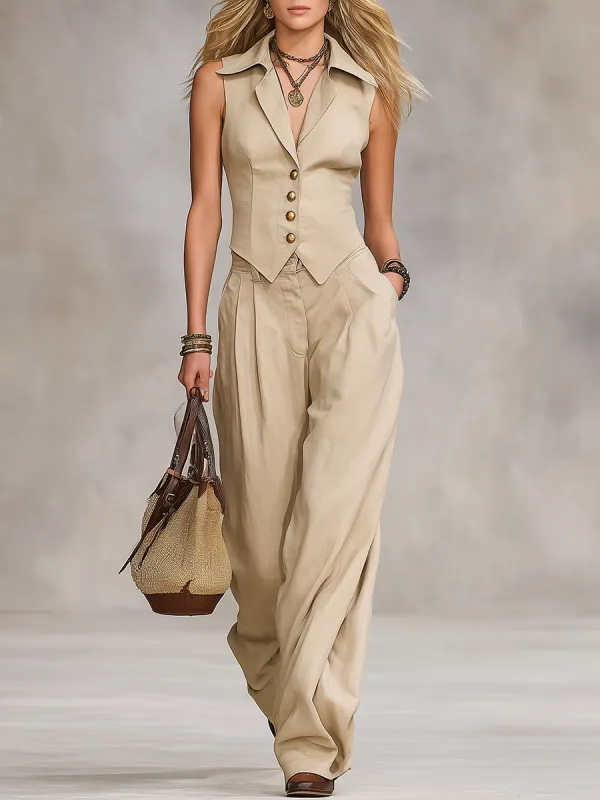 Retro Luxurious High-quality Sleeveless Top And Wide-leg Pants Set sold by Oyrosy