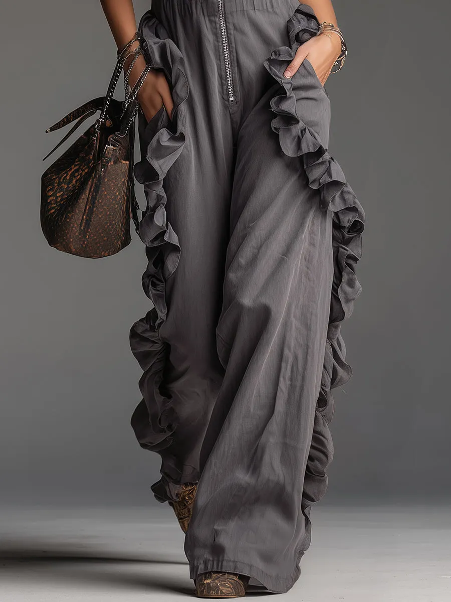 Retro High-quality V-neck Ruffled Sleeveless Jumpsuit sold by Oyrosy product image thumbnail 4