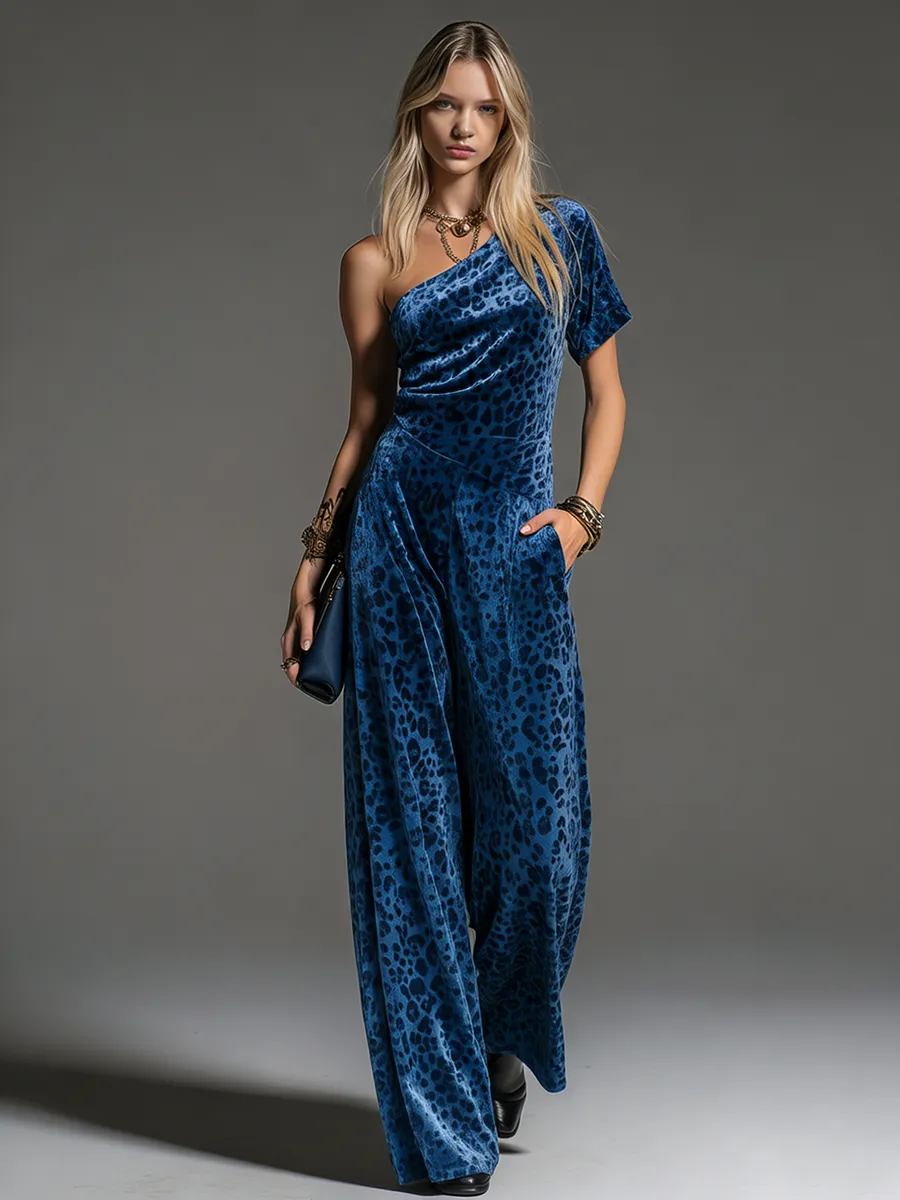 Stylish Retro One-shoulder Short-sleeved Leopard Print Velvet Jumpsuit sold by Oyrosy product image thumbnail 2