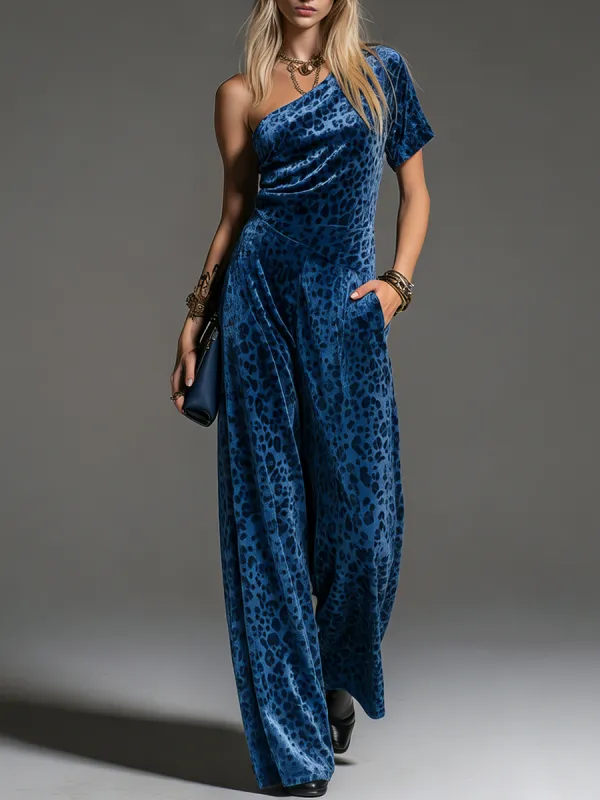Stylish Retro One-shoulder Short-sleeved Leopard Print Velvet Jumpsuit sold by Oyrosy