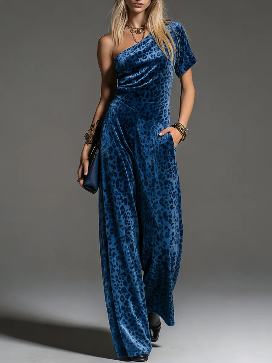 Stylish Retro One-shoulder Short-sleeved Leopard Print Velvet Jumpsuit sold by Oyrosy