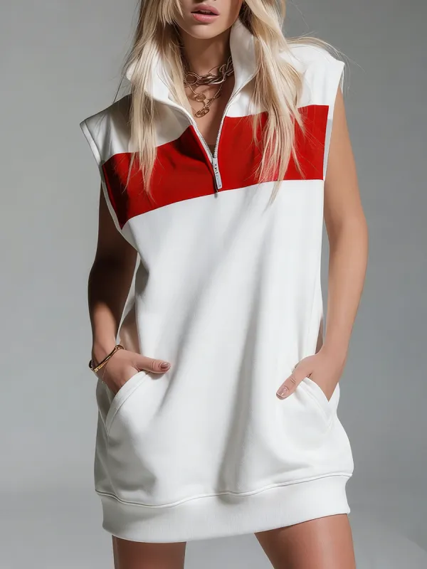 Casual And Stylish Stand-up Collar Zip-up Sleeveless Pocket Sweatshirt Mini Dress sold by Oyrosy