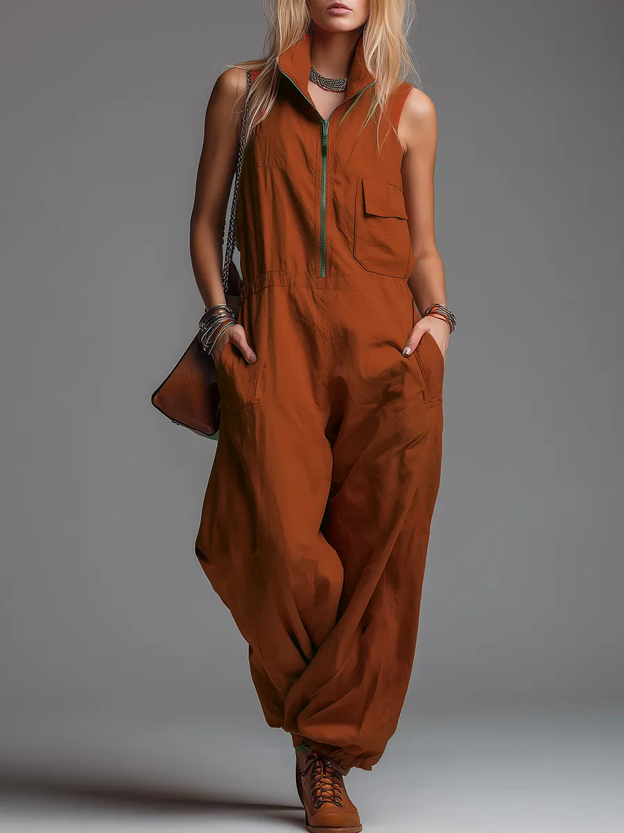 Fashionable Retro Stand-up Collar Zipper Sleeveless Jumpsuit sold by Oyrosy