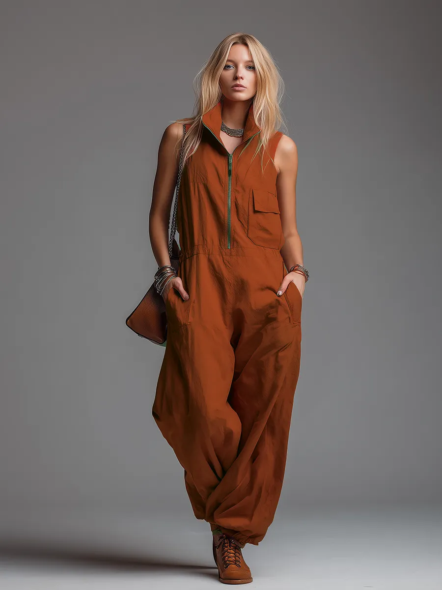 Fashionable Retro Stand-up Collar Zipper Sleeveless Jumpsuit sold by Oyrosy product image thumbnail 2