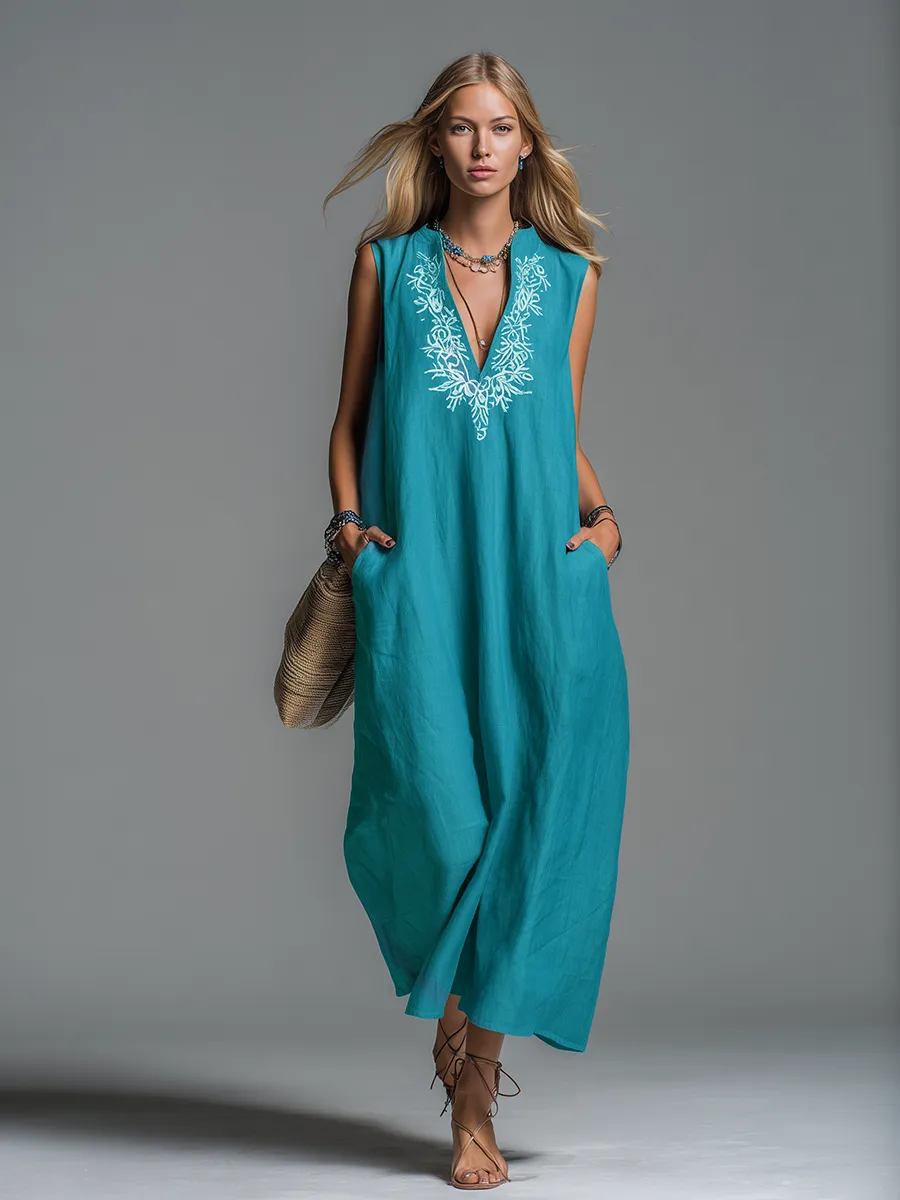 Comfortable And Casual V-neck Embroidered Sleeveless Maxi Dress sold by Oyrosy product image thumbnail 2
