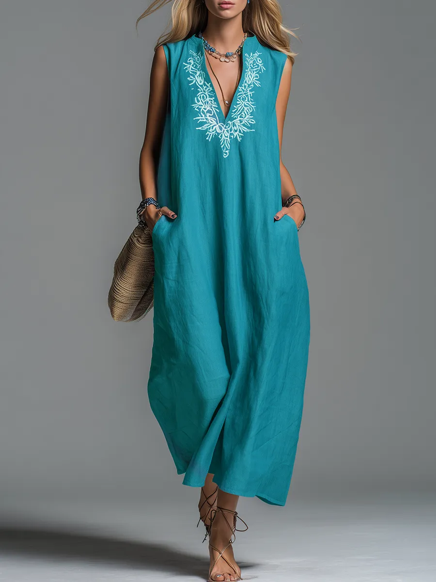 Comfortable And Casual V-neck Embroidered Sleeveless Maxi Dress sold by Oyrosy