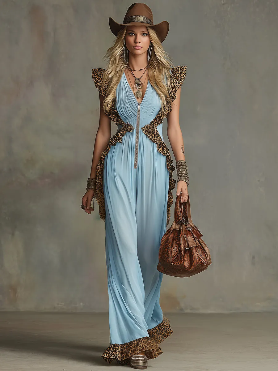 Retro Sporty Style V-neck Ruffled Sleeveless Chiffon Jumpsuit sold by Oyrosy product image thumbnail 2