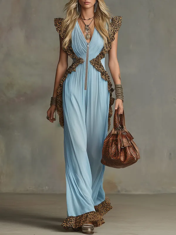 Retro Sporty Style V-neck Ruffled Sleeveless Chiffon Jumpsuit sold by Oyrosy