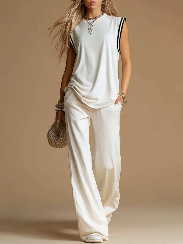 Retro Sporty Crew Neck Tank Top And Wide-leg Pants Set sold by Oyrosy