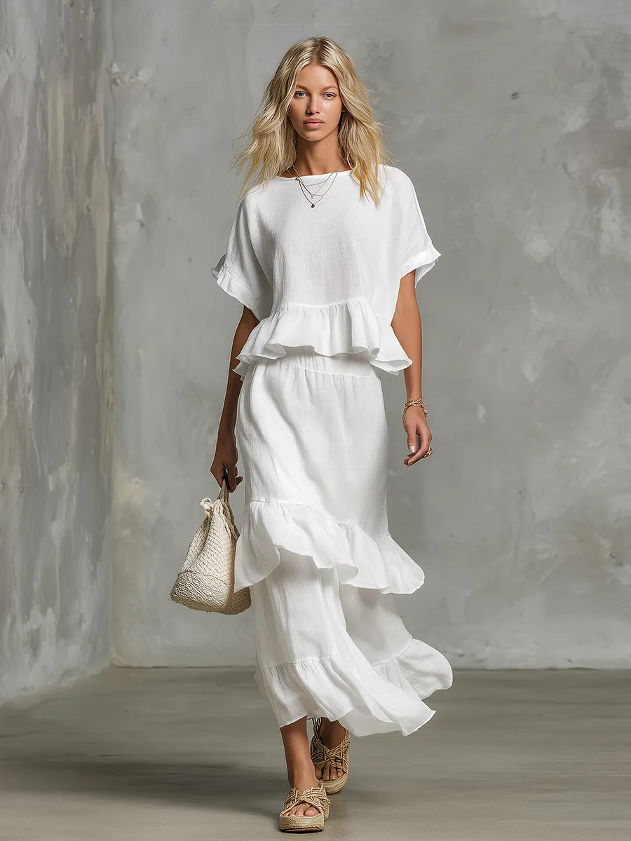 Retro High-quality Elegant Solid-color Sleeveless Top And Ruffle Skirt Set sold by Oyrosy product image thumbnail 2