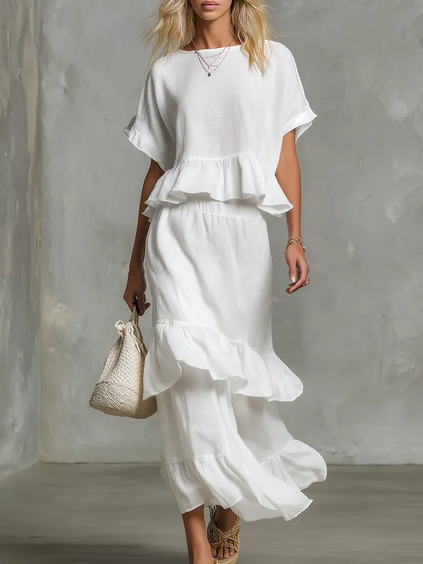 Retro High-quality Elegant Solid-color Sleeveless Top And Ruffle Skirt Set sold by Oyrosy