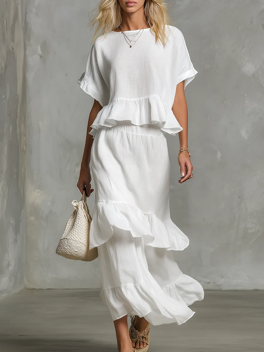 Retro High-quality Elegant Solid-color Sleeveless Top And Ruffle Skirt Set sold by Oyrosy