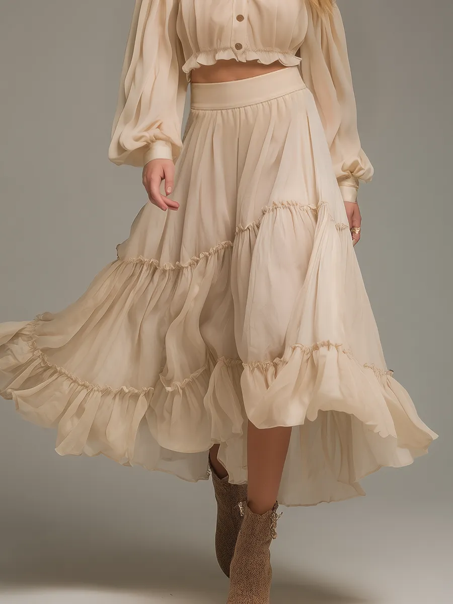 Elegant Stylish Long Sleeve Chiffon Blouse And Ruffled Skirt Set sold by Oyrosy product image thumbnail 4