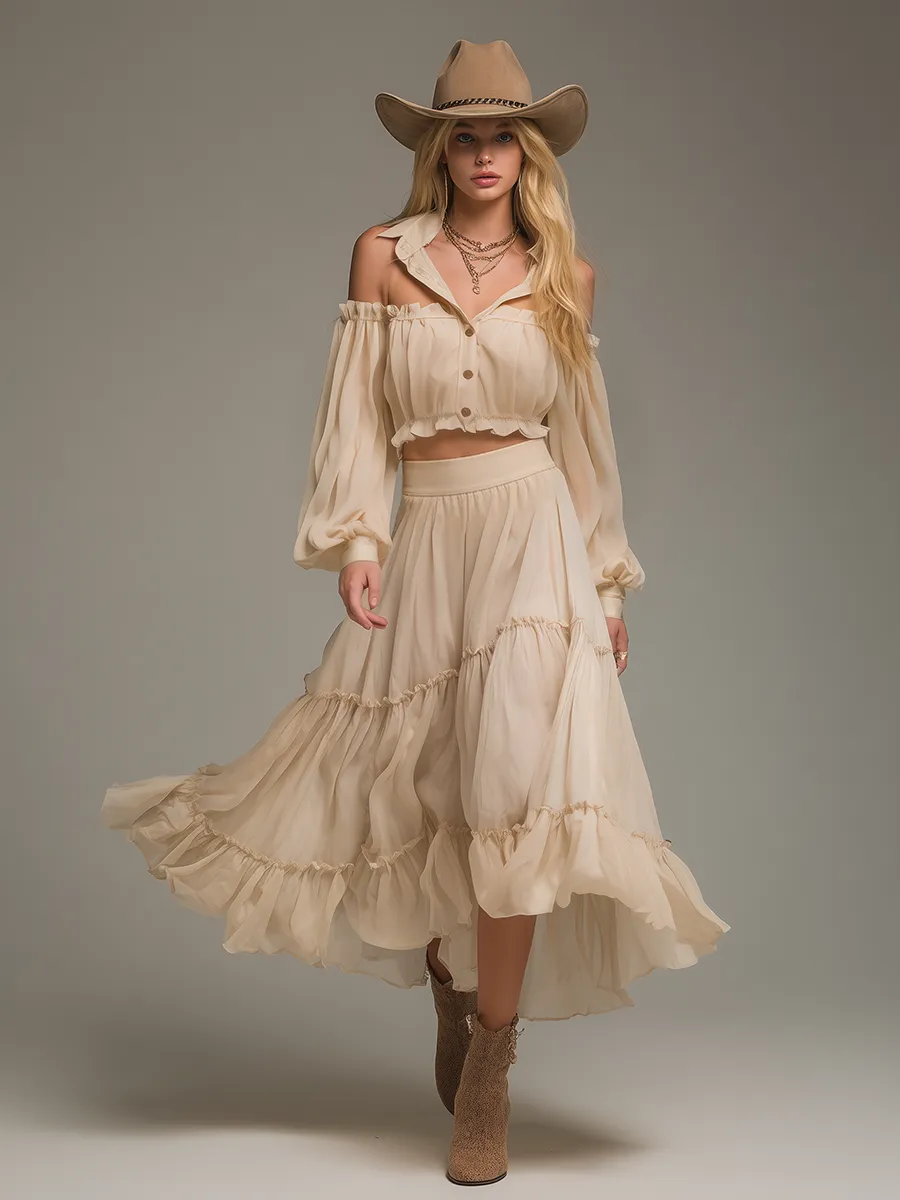 Elegant Stylish Long Sleeve Chiffon Blouse And Ruffled Skirt Set sold by Oyrosy product image thumbnail 2